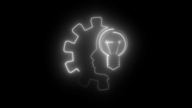 Lamp in the head of a person. Lamp head businessman. Brainwork, idea appearance. Switch on bulb icon with idea text. Neon glowing.