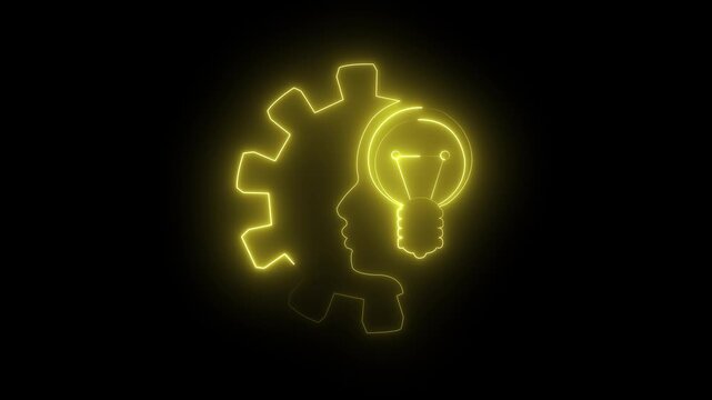 Lamp in the head of a person. Lamp head businessman. Brainwork, idea appearance. Switch on bulb icon with idea text. Neon glowing.