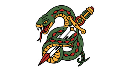 Fototapeta premium Green snake wrapped around dagger cartoon.