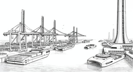 Obraz premium Ship loading dock logistics technical sketch
