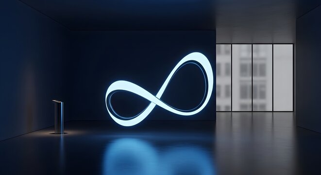 Glowing infinity symbol on dark floor with spotlight and reflective surface near modern window