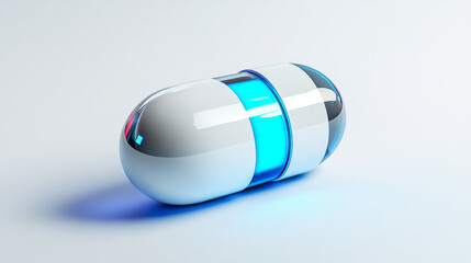 Innovative blue and white medicinal pill with glowing light effects, high tech pharmaceutical capsule design for science and healthcare technology concepts