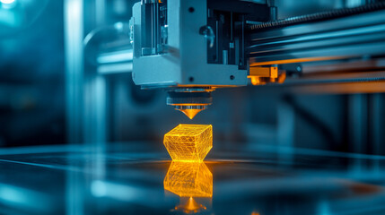 Advanced 3D printer head manufacturing a glowing digital wireframe cube in a futuristic laboratory setting using innovative additive manufacturing technology