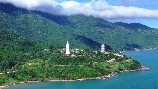 Spiritual landmarks of Da Nang, Vietnam, featuring the Lady Buddha statue and Non Nuoc Pagoda surrounded by mountains and coastal scenery.