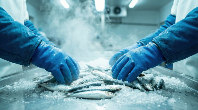 Workers in blue gloves handling fresh fish on ice with steam in a cold industrial seafood processing factory, ensuring quality and freshness.