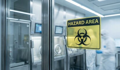Biohazard warning sign on a cleanroom window in a modern laboratory, with scientists in protective suits working on advanced research equipment.