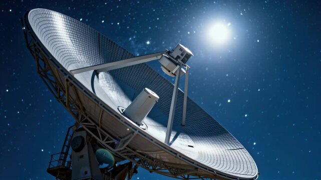 Massive radio telescope dish observing the brilliant, star-filled cosmos during a deep blue night.