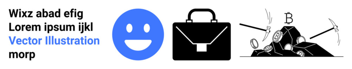 Fototapeta premium Cryptocurrency, business solutions, digital tech, mining industry, finance, happiness icons. Smiling face, briefcase mining tools with Bitcoin. Cryptocurrency and business solutions concepts