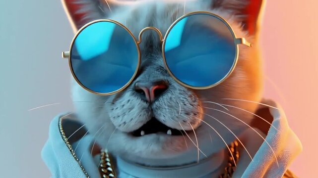 A Realistic anthropomorphic cat in a white hoodie wearing round glasses 4K Videos