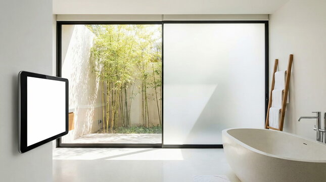 Modern luxury bathroom with freestanding tub, smart home tablet, and large window overlooking a serene bamboo garden. Clean, minimalist design.
