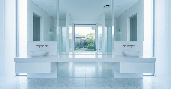 Sleek modern bathroom with double vanity, large mirrors, and sunlit windows opening to a lush garden view.