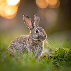 Rabbit sits in grass with golden light bokeh, soft focus background, looking at the camera