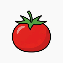 A vibrant red tomato icon with green leaves on a white background