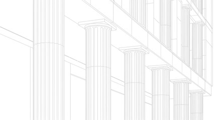 Architectural Column Line Drawing. Vector Outline of Classical Greek Pillars, Symbolizing Stability, Finance, and Law Structure.