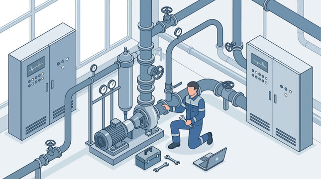 Isometric Industrial Maintenance Technician Repairing Pump and Piping System in Factory, Professional Engineering Service and Facility Management Vector Illustration for Corporate Presentations