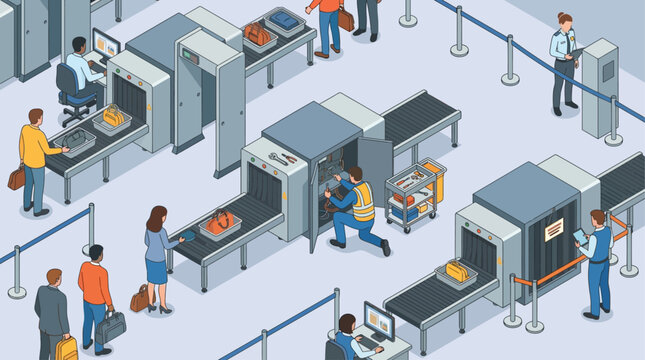 Isometric Airport Security Checkpoint Maintenance with Technician Repairing X-ray Scanner Machine, Passengers in Queue, and Safety Personnel in Flat Vector Illustration Style