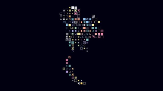 Thailand animated country shape. Pulsating colored dots on the map of the country. Large size square blocks. Digital style Thailand map on dark background. Awesome animation video.