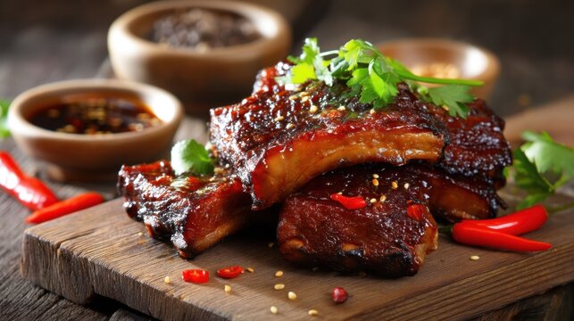 Delicious bbq pork ribs with fresh herbs and red chili peppers on a wooden board.