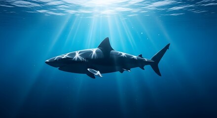 Naklejka premium A great white shark swims underwater near the surface with sunlight rays shining through the blue ocean water, whisk_r25oz3_via_RJ_Whisk_Auto.jpg