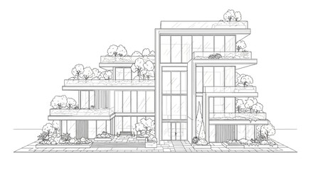 Contemporary Terraced Apartment Building Architecture Line Drawing. Sketch of a Luxury Residential Building with Green Rooftop Gardens and Large Windows.