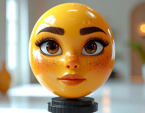 Close-up of a charming 3D emoji with expressive eyes and freckles, a delightful digital character.