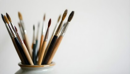 A vase filled with colorful paint brushes on a cluttered desk, bathed in natural light, symbolizing artistic creativity