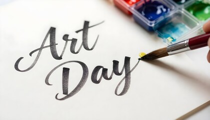 Fototapeta premium Artist's cluttered desk with paintbrush, vibrant paints, and ink splatters, capturing the essence of World Art Day creativity