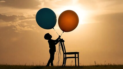 Fototapeta premium Silhouette child holding balloons at sunset April Fools concept