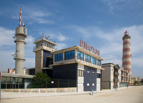 Farol da Barra do Aveiro historic lighthouse at the Atlantic ocean shore in Aveiro, Portugal