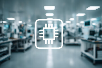 Fototapeta premium Circuit board symbol in a technology lab with equipment and workstations clearly seen in the background
