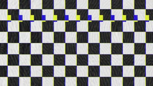 Vibrant digital glitch checkerboard pattern features black and white squares with colorful anaglyph borders creating a modern abstract background