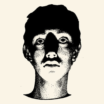 High-contrast vintage portrait of a young man with wide eyes and a shadow across his face, evoking mystery, intensity, or a psychological state. Black ink dots on beige.