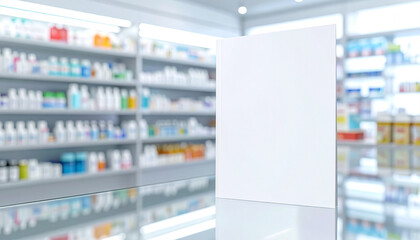 A white sign stands prominently in a pharmacy store aisle with shelves.