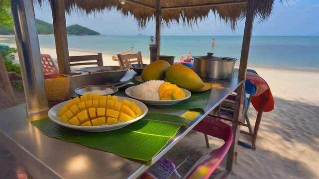 Savor the exquisite flavor of tropical mango sticky rice, a delightful sweet and savory dessert, perfectly presented at a charming beachside stall, captured in stunning high-definition 4k