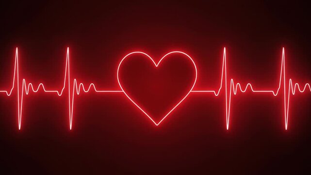 Red neon heart with ECG line, representing love, life, health, and vital signs on a dark background