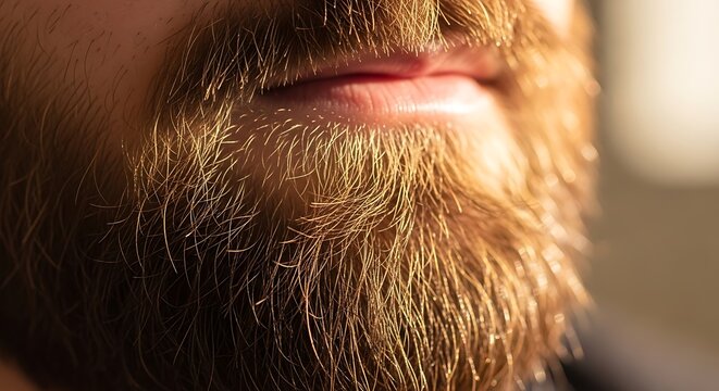 Close-up of a man's ginger beard catching the warm sunlight, highlighting texture and detail