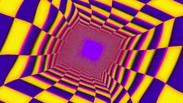 Vibrant abstract tunnel in yellow and purple with a distorted geometric pattern creating an immersive optical illusion