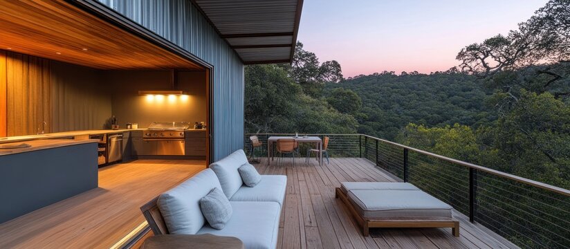 Modern deck with outdoor kitchen overlooking forest at sunset