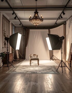 Empty professional photo studio with lighting equipment and a vintage chair set up for a photoshoot.