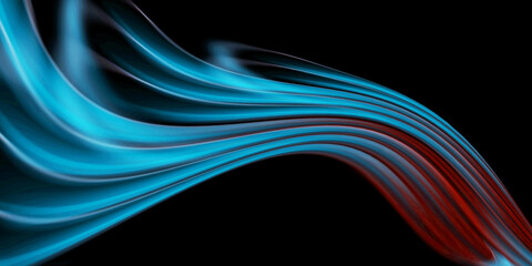 Futuristic Energy black background with features vibrant cyan and red lines forming dynamic curves that resemble flowing silk, electromagnetic waves, or the artistic flick of a betta fish's tail.