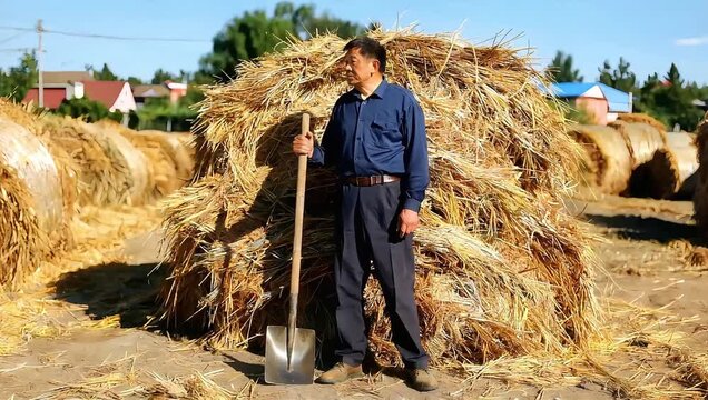 Man Stands Beside Large Hay Bale With Shovel In Rural Yard.