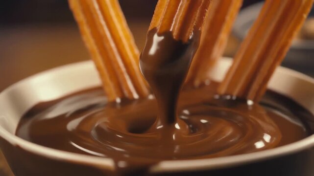 A vivid 4K close-up capturing golden, crispy churros decadently immersed in a rich, swirling pool of melted dark chocolate, a warm and sweet indulgence