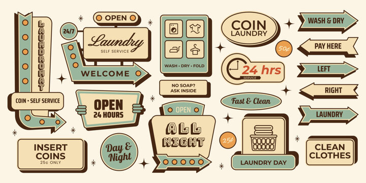 Retro laundry signs sticker set with laundromat, coin laundry, wash, dry labels, service icons, direction arrows. Vector illustration in vintage colors mid century 1950s style, isolated
