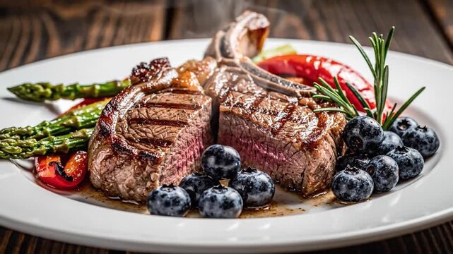 Grilled Lamb Chops with Berries and Vegetables.