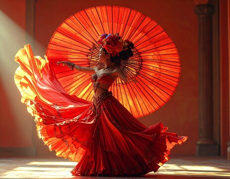 Graceful Dancer in Red Dress with Large Umbrella Performing on Stage.