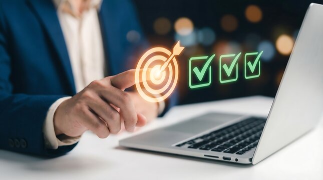 A professional businessman points to an illuminated orange target with an arrow perfectly centered, alongside three glowing green checkmarks, signifying accomplished objectives.