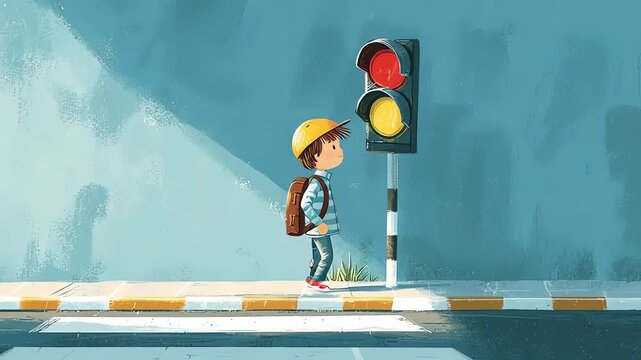 Boy waits on sidewalk by traffic.
