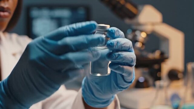 Scientist In Blue Gloves Conducting Lab Experiment With Glassware.
