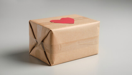 Brown paper wrapped gift box with a red heart suitable for valentines day, birthdays, celebrations, presents, love, relationships, surprise themes.