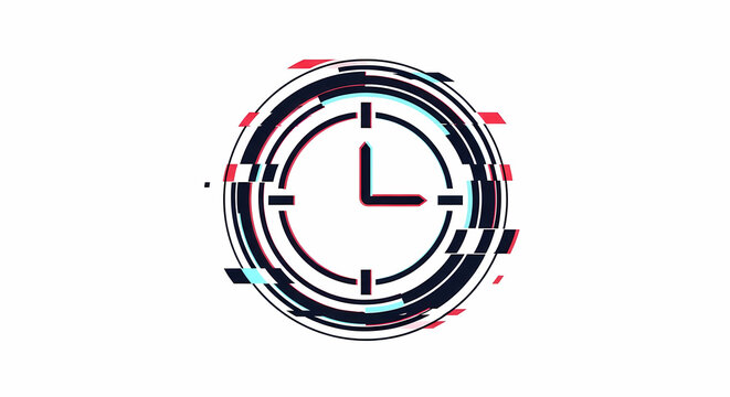 Digital clock icon with a modern glitch effect, showing time distortion and abstract visual noise on a clean white background.